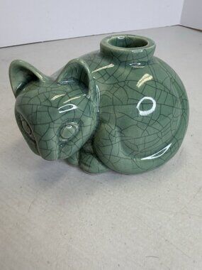 Tiffany & Co. Cat Candle Holder Celedon Green Vintage Crackle Pottery 1979